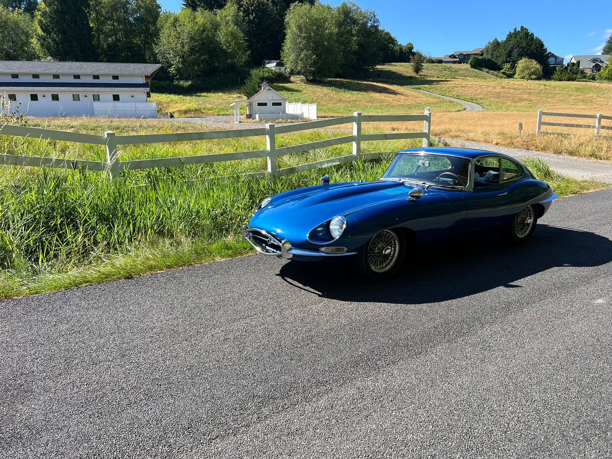 Blue 1968 Jaguar E-Type shared on the shop’s Facebook page