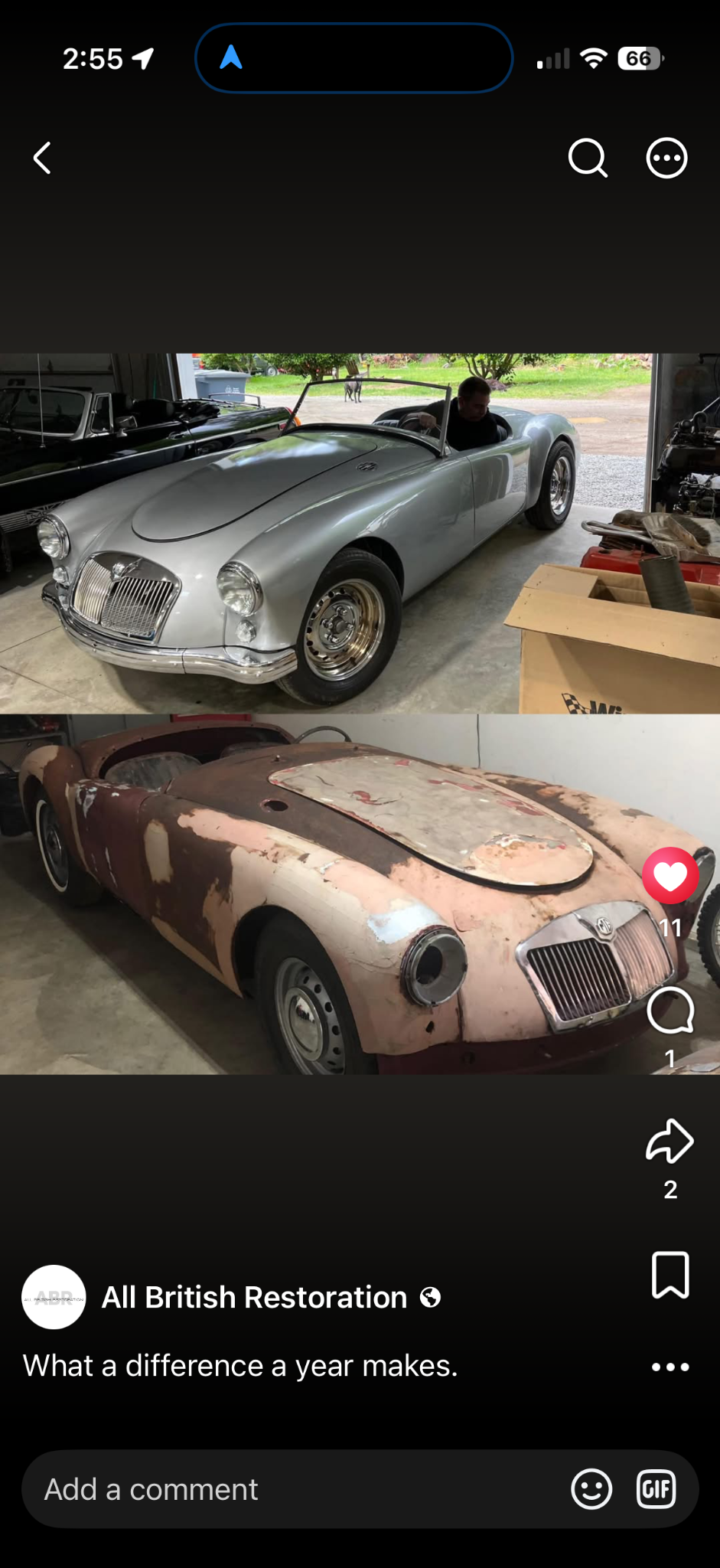 MG roadster before restoration, with worn paint and unfinished bodywork